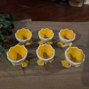 Set Of 6 Vintage Ganz Duck Feet Egg Cups, White & Yellow